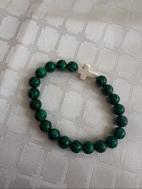 Green Bead Bracelet with Silver Cross Accent
